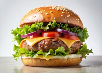 High-resolution PNG: mouthwatering burger, juicy patty, white background, ideal for food photography.