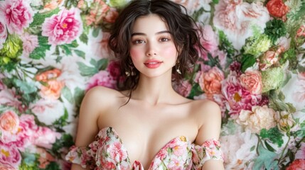 Naklejka premium Beautiful Woman Posing On Floral Background