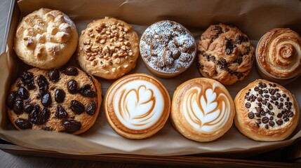 Fototapeta premium Artisan Bakery Box: A delightful assortment of gourmet pastries, including latte art-topped treats, promises a sweet indulgence. Each pastry is uniquely decorated, showcasing exquisite craftsmanship.