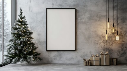 Festive mockup photo of Christmas tree presents in modern room.. AI Generated