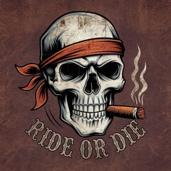 Fototapeta premium Skull Smoking Cigar Wearing Bandana Ride Or Die
