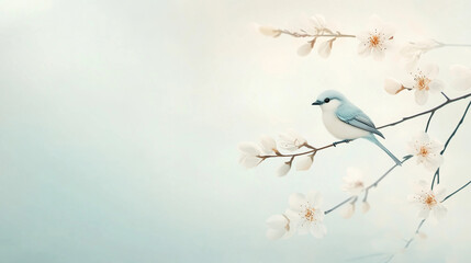 Blue bird on blooming branch with white flowers.