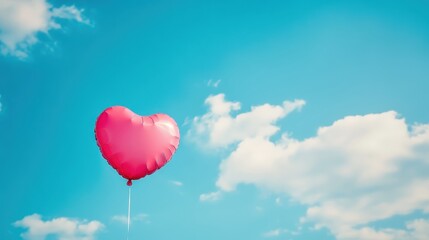 Fototapeta premium Heart Balloon flying on the sky over the cloud,Red helium balloon,Glossy heart with reflection foil balloon,anniversary wedding,Valentine day,Love symbol,holiday card,copy space.
