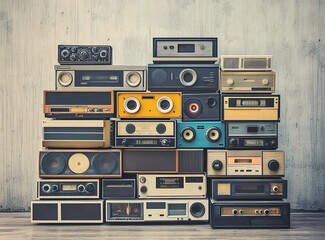 Obraz premium A stack of vintage audio devices, including cassette tapes and boomboxes, arranged in an artistic display against a concrete wall background.