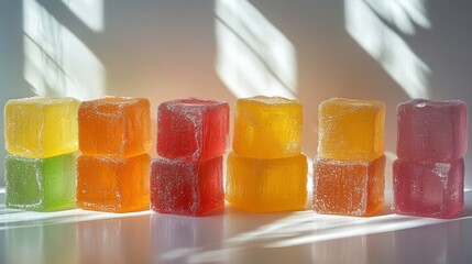 Colorful Jelly Cubes in Natural Light with Shadows Creating an Artistic Display of Sweet Treats for Food and Beverage Photography