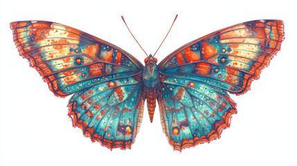 Ultra-detailed butterfly illustration, glowing coral and aqua blue colors, dynamic wing patterning with fine textures, sharply defined outlines, clean white background emphasizing subject clarity, cre