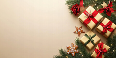 Rustic Christmas background with festive decorations, gift boxes, gingerbread cookies, pine branches, pinecones, red berries, golden stars, and cozy holiday ornaments arranged on a textured surface