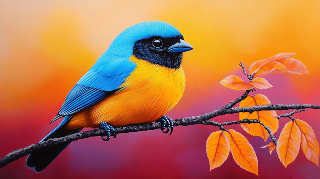   A vibrant bird perched on a reddish-yellow leafy branch against a sunny yellow-orange backdrop