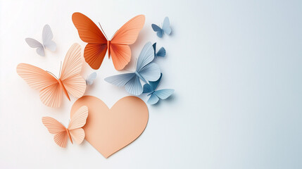 Obraz premium Orange butterflies and paper heart on soft gradient background