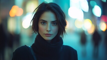 Young Woman Posing in City Night Lights