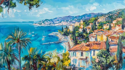 Vibrant Coastal Town Oil Painting: Mediterranean Summer Seascape. AI Generated
