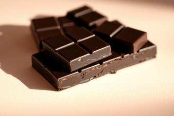 Rich dark chocolate bars lie invitingly on a soft surface, glowing in warm light, enticing chocolate lovers to indulge in a moment of sweet luxury