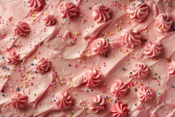 Pink frosting swirls and colorful sprinkles on a cake