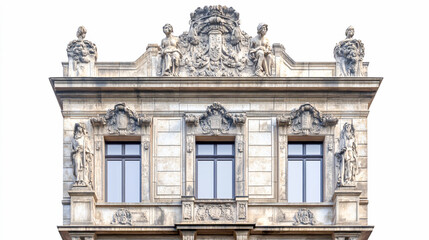 A stone building with intricate statues on the facade, isolated against a white background