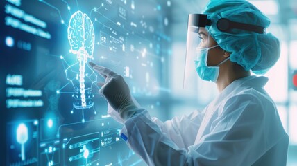 A healthcare professional interacts with a digital interface showcasing brain data, highlighting advancements in medical technology and research.