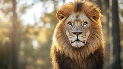 Obraz premium Majestic lion with thick mane, gazing confidently in natural setting