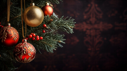 Christmas baubles in Christmas tree with defocused lights background