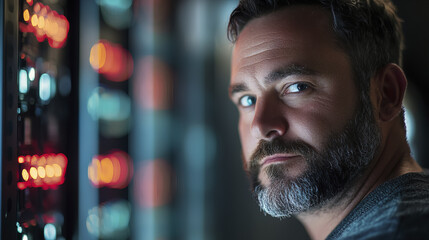 IT professional in data center with futuristic lighting, focused expression