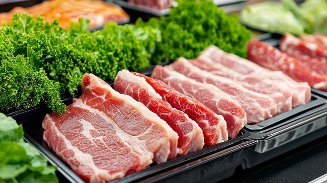 Supermarket display featuring fresh pork belly and greens