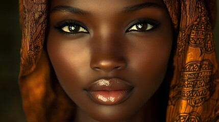 Close-up digital painting showing realistic woman with ornate headscarf. AI Generated