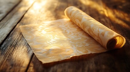 Golden Fabric Rolled on Wooden Surface