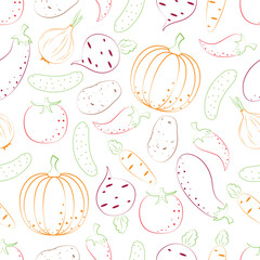 Vegetables are a pattern. Seamless pattern with the image of vegetables such as pumpkin, beetroot, cucumber,potatoes and also pepper, eggplant and carrots. Vegetables in a linear style. Vector