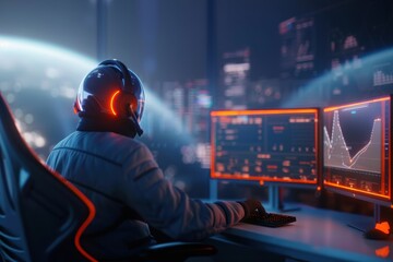 A person in a futuristic setting wears a helmet and headphones, focused on dual monitors displaying data and charts against a sci-fi backdrop.