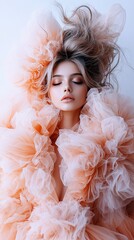 Fototapeta premium A woman in a pink dress with her hair blowing in the wind and her eyes closed