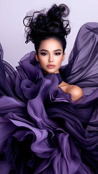   A stunning woman in a vibrant purple gown with a chignon hairstyle and fluttering locks, captured on camera