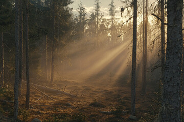 Obraz premium Foggy forest with sunlight breaking through trees