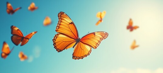 Obraz premium Monarch Butterflies Soaring A Serene Sky Filled With the Beauty of Nature s Delicate Creatures.