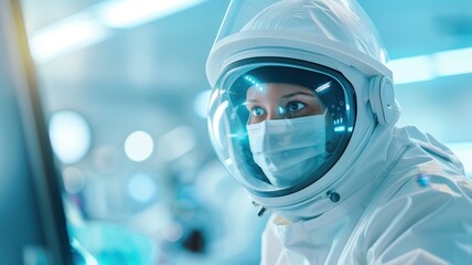 A focused astronaut in a high-tech environment, wearing a space suit and helmet, engaged in scientific research.