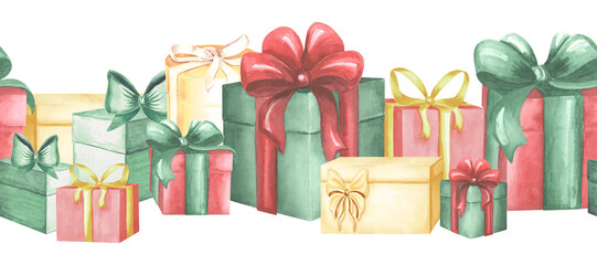 Colorful gift boxes with bows. Seamless border. Hand drawn watercolor illustration isolated. Ornament with festive presents. Holiday template for Christmas, Valentines day, wallpaper, textile, fabric.
