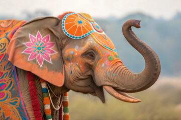 Obraz premium Close-up portrait of a large elephant, adorned with vibrant, intricate painted designs. 
