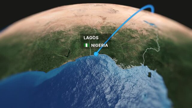3D animated map showcasing a flight route from Cairo to Lagos. Perfect for travel videos, tourism content, and corporate presentations.