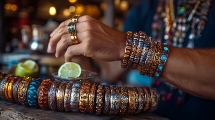 Hands gripping a taco mid-bite with vibrant toppings spilling out, playful setup of cold drinks, lime slices, and colorful garnishes on a rustic table, bright and cheerful lighting,