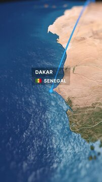 3D animated map illustrating a flight route from Casablanca to Dakar. Perfect for travel videos, tourism content, and corporate presentations.