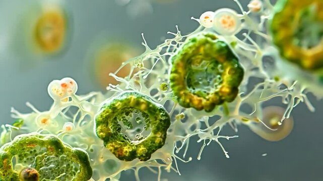 A close up of a green plant with yellow spots. The plant is covered in small, white flowers