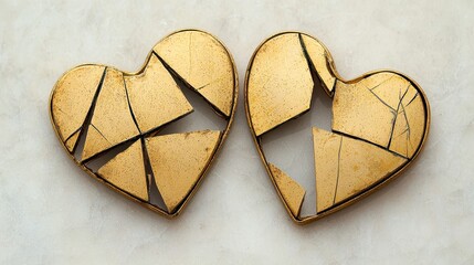 Obraz premium Broken and Repaired Golden Hearts Symbolizing Love and Healing