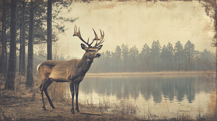 Obraz premium peaceful deer stands in tranquil forest clearing near water