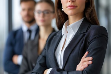 A confident businesswoman stands in front of colleagues, exuding professionalism and leadership in a modern office environment.