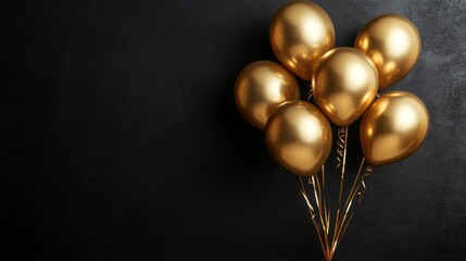 Elegant gold balloons bunch on a sleek black wall background, perfect for luxurious party decorations, celebratory events, and stylish horizontal banner designs in a modern 16:9 aspect ratio.