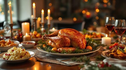 Festive Christmas dinner with roasted turkey, mashed potatoes, and cranberry sauce. Warm candlelight and Christmas tree in the background. Perfect for holiday cards and festive menus