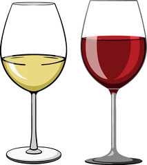 Two wine glasses showing red and white wine on white background