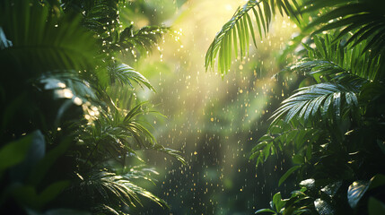 Lush rainforest with vibrant leaves and sunlight filtering through rain