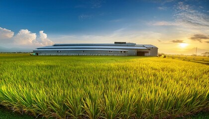 Golden Rice Field Sunset: Serene Landscape with Industrial Structure