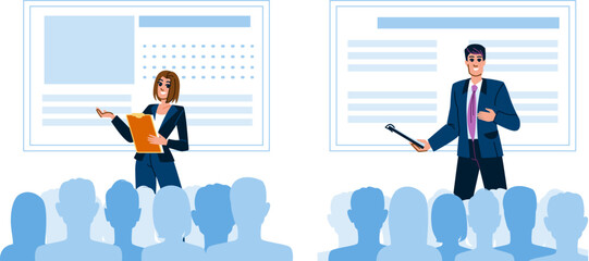 networking leader conference vector. innovation strategy, vision empowerment, collaboration motivation networking leader conference character. people flat cartoon illustration