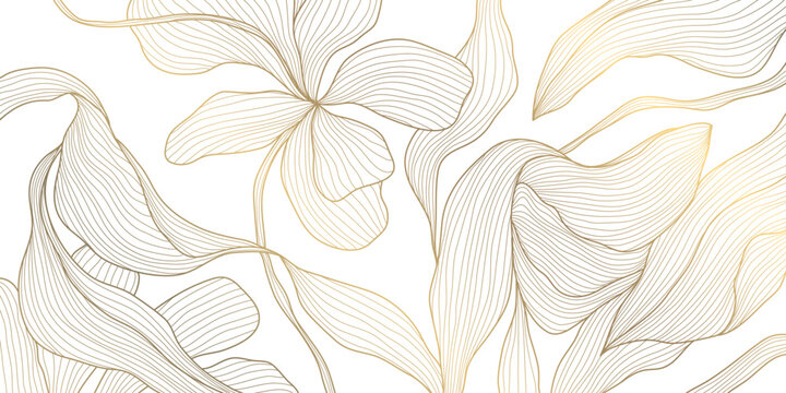 Vector art deco flower line pattern, abstract luxury floral leaf texture, plant ornament. Gold japanese nature illustration, elegant drawing