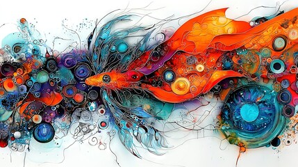   A painting of a fish with numerous bubbles adorning its body and an abundance of them surrounding the fish