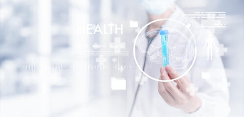 Medical doctor and medical technology and futuristic concept, Doctor using laptop and health medical network connection icon on virtual screen interface, Modern medical technology and innovation.